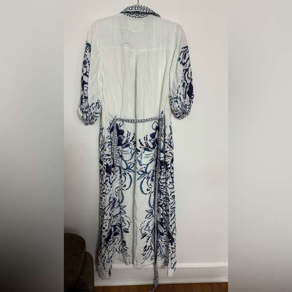 Anthropologie The Irene Linen Shirt Dress Button Front Belted Floral Blue - Picture 5 of 10